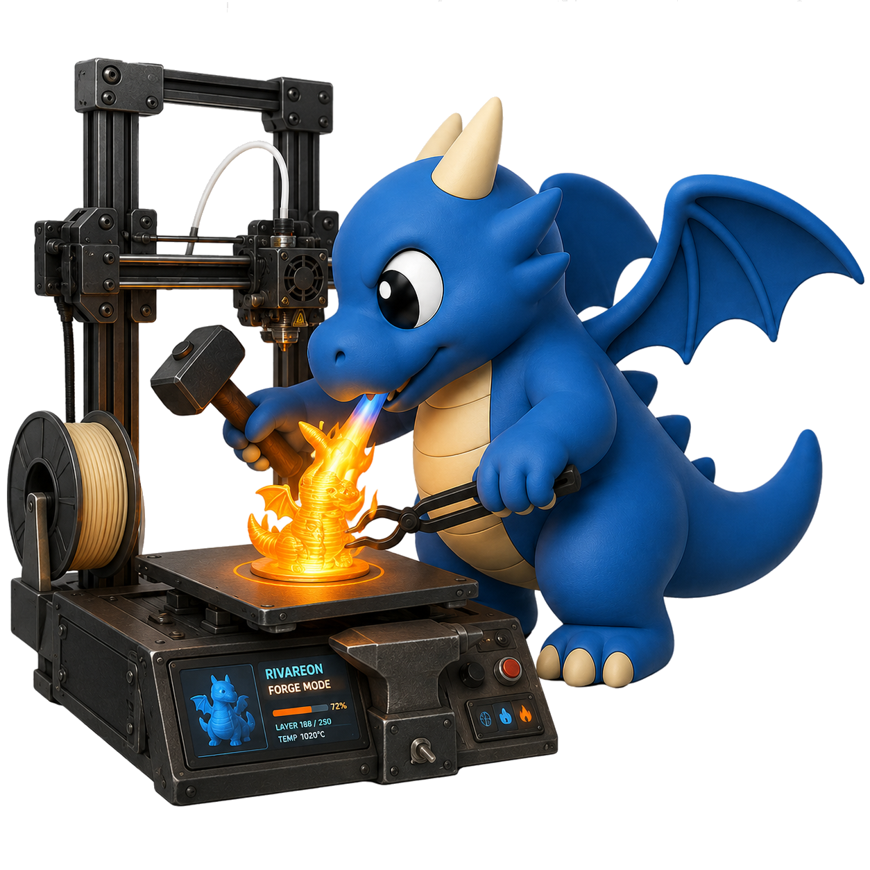 Rivareon, la cría de dragón cobalto, forjando una pieza en su impresora 3D